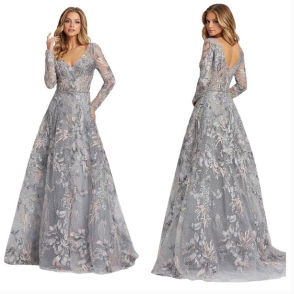 MAC DUGGAL 20214 LONG SLEEVE BEADED APPLIQUE GREY MULTI GOWN sz 12